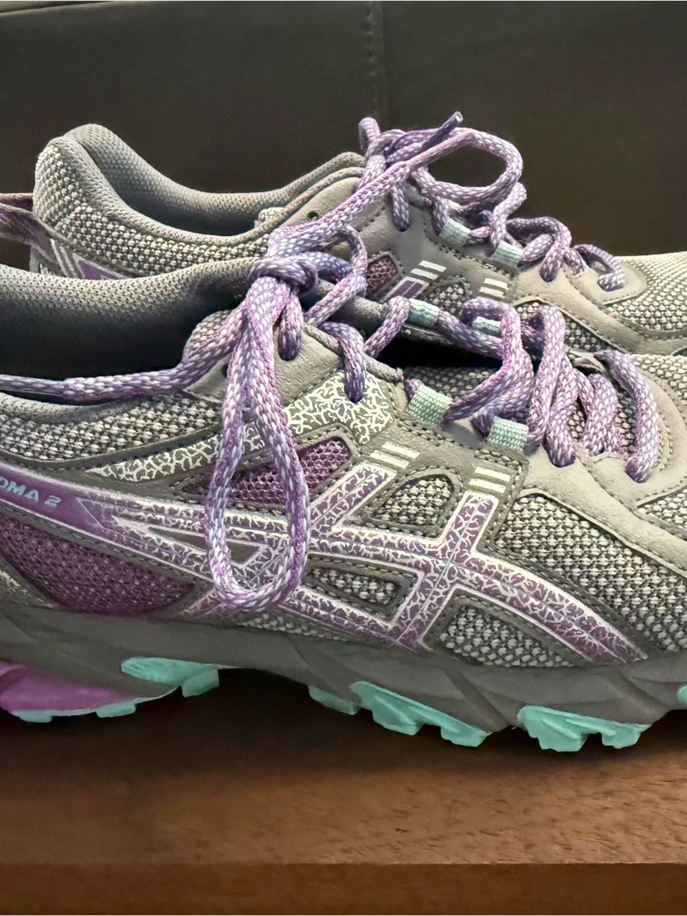 Asics Gray Running Sneakers with Purple Laces and Teal Accents